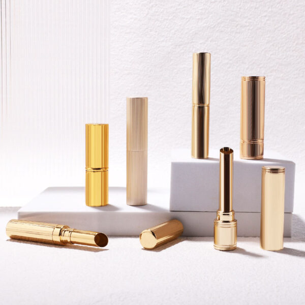 Round gold threaded lipstick tube for luxury beauty packaging